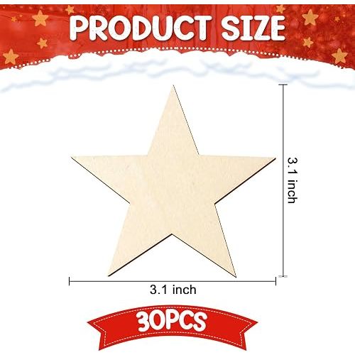 30 Pack Unfinished Wood Cutout 3 Inch Wooden Star Cutouts Unfinished Star Shaped Wood Pieces for Wooden Craft DIY Projects,Home Decoration,Gift Tags