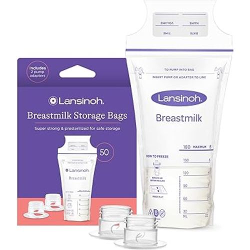 Lansinoh Breastmilk Storage Bags, 50 Count with 2 Pump Adapters, Easy to Use Breast Milk Storage Bags for Feeding, Presterilized, Hygienically Doubled-Sealed for Freezing & Refrigeration, 6 Ounce