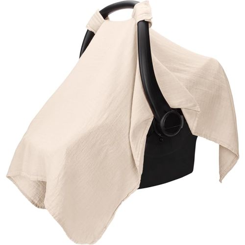 Comfy Cubs Baby Car Seat Cover - Soft Bamboo Rayon and Muslin Cotton Blend - Lightweight, Breathable Canopy for Comfort and Sun Protection - Large Size Nursing Cover - Sand