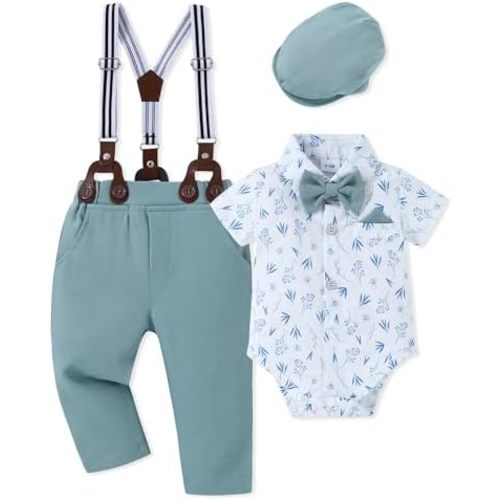WESIDOM Baby Boy Clothes Suit 0-24M Infant Gentleman Wedding Outfit, Shirt+Bowtie+Beret+Suspender Pants Clothing Set