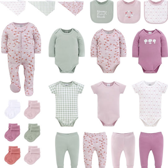 The Peanutshell 23-Piece Baby Girl Clothes Set, 100% Cotton, Newborn Essentials Must Haves, Flora Pink & Green