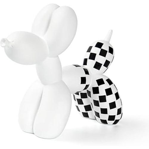 Notakia Black and White Checkered Racing Car Pattern Balloon Dog Statue Crafts Living Room Desktop Decorations,Handmade Modern Small Shelf Decor Animal Statue Ornament Home Decor (Big White Dog)