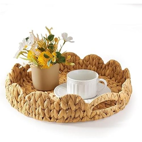 Scalloped Tray, 11.8" Round Basket Trays Wicker Rattan Serving Tray1 with Handles, Scallop Basket Table Décor Tray2, Water Hyacinth Round Rattan Tray for Ottoman Decorative and Organizer Trays