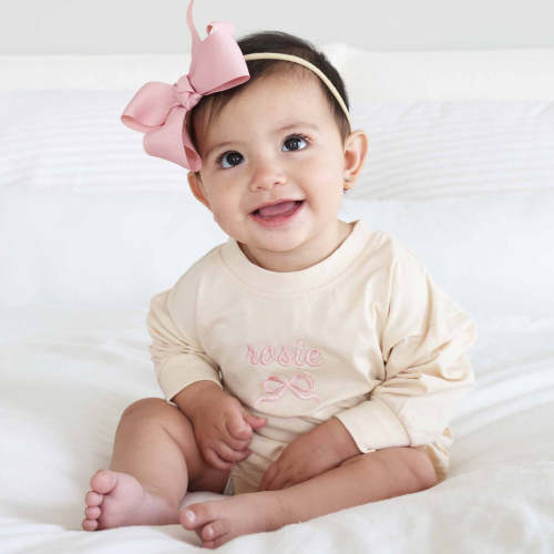 Personalized Bow Long Sleeve Bubble Romper | Natural