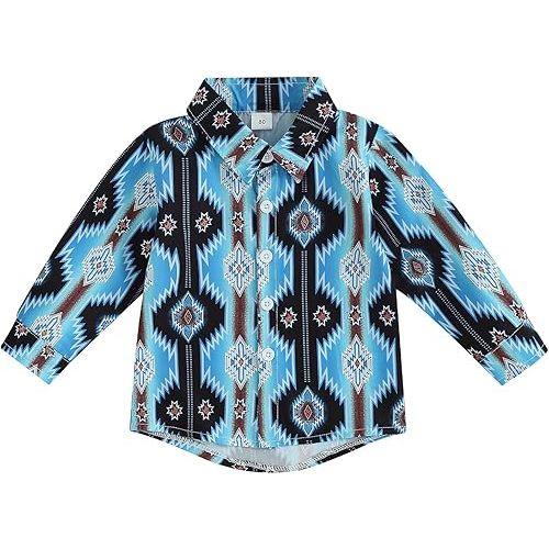 Western Baby Boy Clothes Long Sleeve Cow Print Shirts Button Down Lapel Tops Tees Fall Winter Clothes 6M-4T