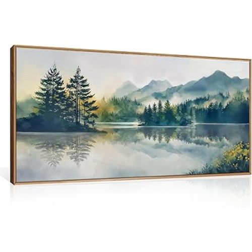 HPNIUB Large Green Mountain Framed Canvas Wall Art Set, Nature Foggy Forest Lake Reflection Wall Decor,Modern Pine Tree Artwork,Watercolor Landscape Art Print for Living Room,Bedroom,Office-20 x40