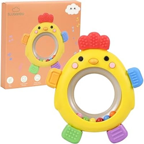 Baby Teether Rattle Toy,Babies Teething Rings Toys for 0-6 6-12 Months,Chicken Shape Textured Silicone Chew Toy for Gum Relief,Silicone Teether,BPA Free Baby Chew Toys Newborn Accessories
