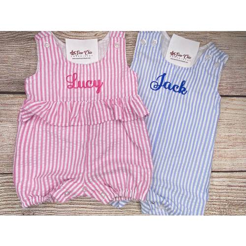 Monogrammed Twins Seersucker Rompers, Girl and Boy Twins, Personalized Outfits
