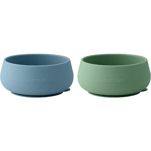 NumNum Suction Bowls | Extra Strong Suction | Non-Slip Design | Durable 100% Food Grade Silicone BPA-Free | for Babies & Toddlers 4 months+, 2 Baby Bowls (Blue/Glacier Green)