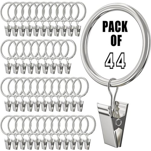 44 Pack Silver Curtain Rings with Clips, Curtain Hooks for Hanging, Heavy Duty Drapery Rings, Polish Rustproof Curtain Clips Hangers for Drapes, 1.26" Interior Diameter, Fits up to 1" Rods