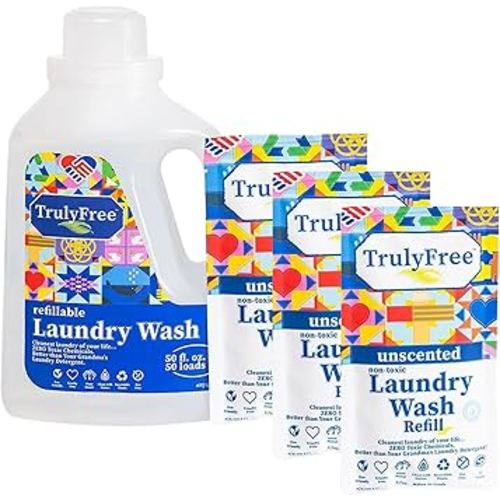 Truly Free Laundry Wash Detergent for Sensitive Skin, Gentle & Safe for Baby Clothes | Plant-Based, Natural Ingredients | Unscented | Include 1 Refillable Bottle (150 Loads)