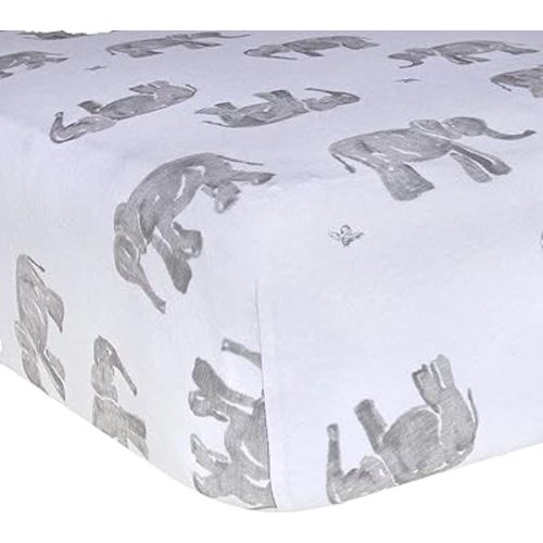 Burt's Bees Baby Print Fitted Crib Sheet Organic Cotton BEESNUG - Grey Wandering Elephants Animal Prints, Fits Unisex Standard Bed and Toddler Mattress, Infant Essentials, 52 x 28 Inch 1-Pack