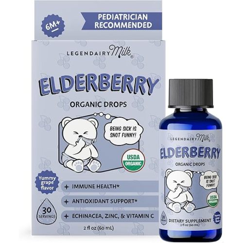 Legendairy Milk Organic Elderberry Drops - Baby Multivitamin with Echinacea, Vitamin C & Zinc for Immune Support - Ideal for Babies & Toddlers, Non-GMO - 30 Servings