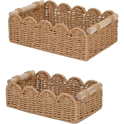 CubesLand Paper Rope Scalloped Edge Decor Baskets for Home, Living Room, Bedroom, Toilet Basket for Over Toilet Storage Shelf, End Table, Shelves and More, Both Storage&Decor, Set 2 Neutral