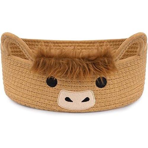 Oval Highland Cute Cow Basket for Nursery, Small Woven Gift Basket, Rope Cotton Storage for Gifts Empty, Baby Shower Blanket 0rganizer with Handles,Towel Decorative Bins, 12"D x 5"H in