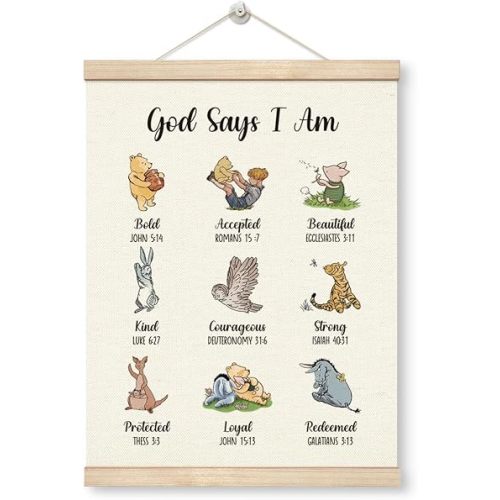 Inspirational Winnie Nursery Decor, Biblical Affirmations for Kids Canvas Wall Art, God Says I Am Poster, Classic Winnie Wall Decor for Nursery Classrooms Bedroom Living Rooms
