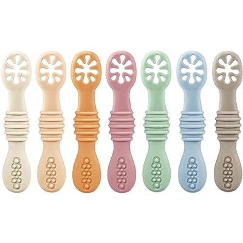 PandaEar 7 Pack Silicone Baby Feeding Spoon| Baby led Weaning Spoon for Self Feeding First Stage| Infant Toddler Baby Spoons 4 6months| BPA Free