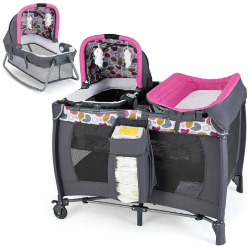 Babyjoy 5 in 1 Bedside Bassinet with Diaper Changer Lockable Wheels & Travel Bag Pink