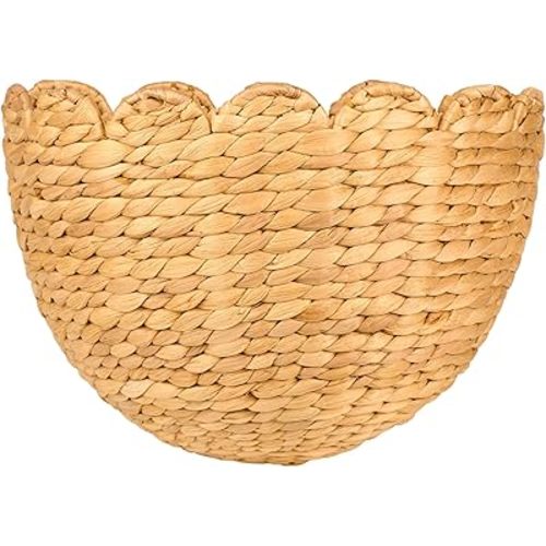 Scalloped Wicker Wall Basket 14" x 11" x 7" Easy to Install with 2 Plastic Hooks, Handwoven Hanging Wall Décor Wall Hanging Baskets