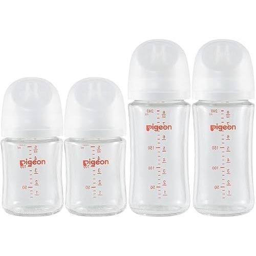 Pigeon Glass Nursing Baby Bottle Wide Neck(Pack of 4), Streamlined Body, Natural Feel, Easy to Clean, Heat-Resistant, 5.4Oz and 8.1 Oz