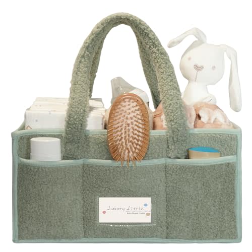 luxury little Diaper Caddy Organizer, Large Cotton Rope Nursery Baby Basket, Changing Table Organizer for Baby Diaper Storage, Portable Car Organizer with Removable Divider (Lily Green)