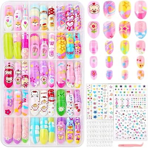 Press On Nails for Kids, 360 Pcs Almond Fake Nails for Girls, Heart Flower Nail Stickers, 3D Rhinestone Stickers Face Gems, Nail Art Kit for Girls Gift 8-12