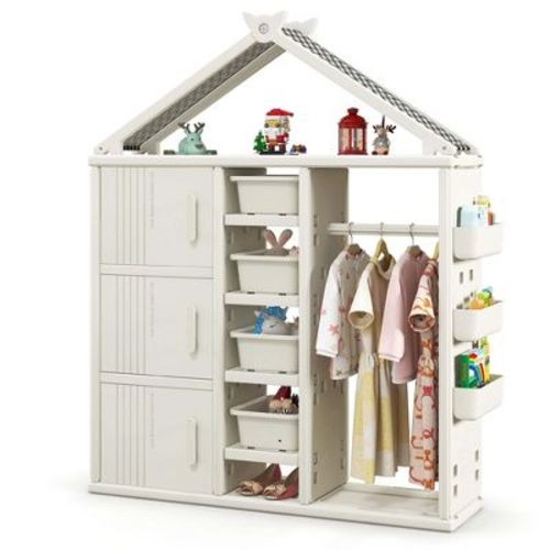 Costway Kids Costume Storage Closet Children Pretend Dresser With Storage Bins Shelves White