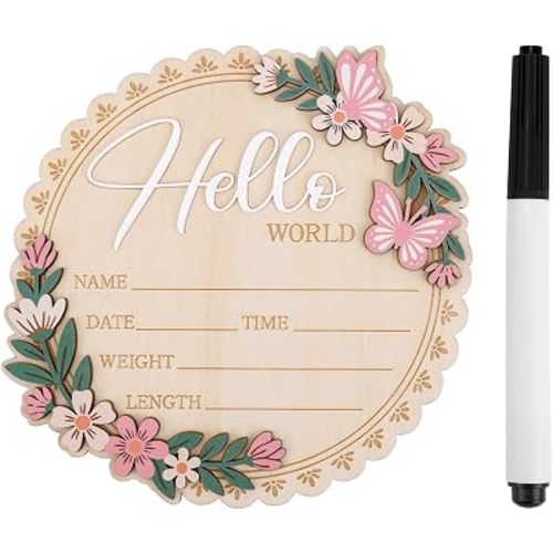 NQEUEPN Wooden Baby Announcement Sign with Pen, Hello World Newborn sign