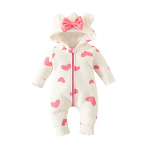 Girls Long Sleeve Hearts Print Bowknot Hooded Romper Jumpsuit Clothes Baby Clothes Girl Dresses Girl Preemie Dresses Baby Girl Pineapple Clothes Sunflower Outfit Baby Girl Joys Baby Girl Cute
