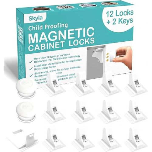 Skyla Homes Magnetic Cabinet Locks Baby Proofing Child Safety - The Safest Quickest and Easiest Multi-Purpose 3M Adhesive Child Proof Latches, No Screws or Tools Needed (12 Pack)