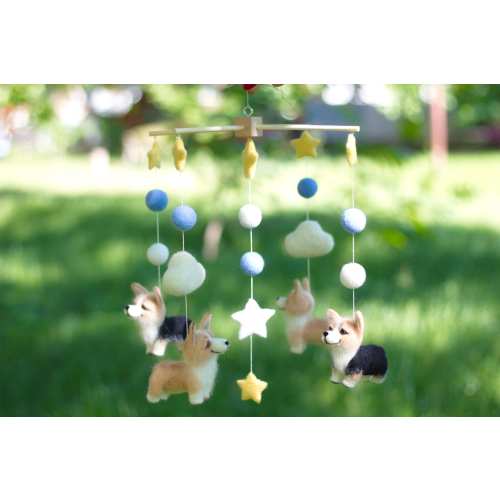 Customized felted baby mobile. Nursery felted mobile with dogs corgi. Individual, personalized custom mobile with pets. Baby Shower Gift.
