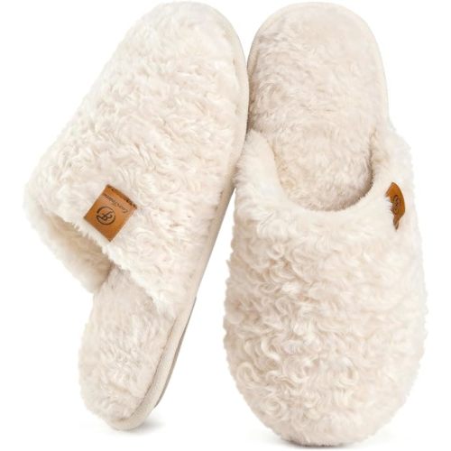 EverFoams Women's Fuzzy Slip-on Slippers Warm Cozy Soft Lightweight Memory Foam Indoor House Shoes
