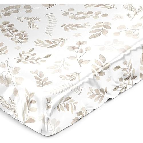 Sweet Jojo Designs Taupe Floral Leaf Boy Girl Gender Neutral Baby Satin Fitted Crib Sheet Infant Newborn Nursery Toddler Bed Room Standard Mattress Ivory Boho Bohemian Watercolor Botanical Woodland