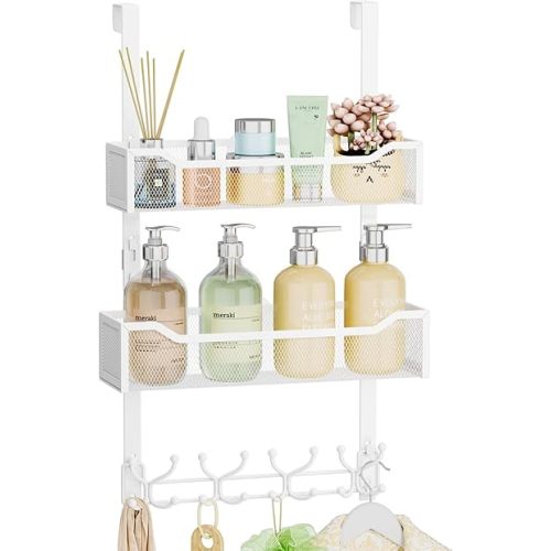 SWTYMIKI Heavy Duty Over The Door Organizer with 16 Hooks & 2 Mesh Baskets - Over The Door Hooks Hanger for Towels, Coats, Clothes - Space Saving Hanging Rack for Bathroom, Living Room, White