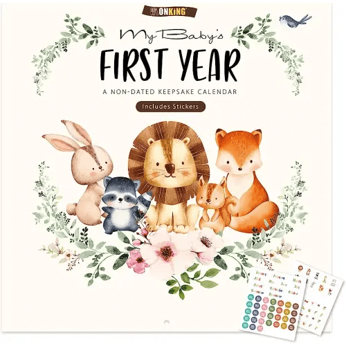 Baby's First Year Calendar with Stickers by Bright Day - 1st Year Tracker - Baby Memory Book for Girls to Document and Cherish Baby First Year Milestones,- Milestone Keepsake for Baby Boy with Pocket