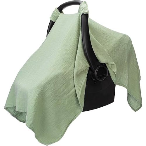 Muslin Cotton Baby Car Seat Cover, Universal Fit Carseat Canopy Covers for Babies, Girls and Boys by Comfy Cubs (Sage)