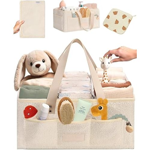 Baby Diaper Caddy Organizer with Portable Changing Mat and Bear Burp Cloth - Teddy Fleece Diaper Organizer for Changing Table - Baby Basket for Diaper Changing Essentials - Beige