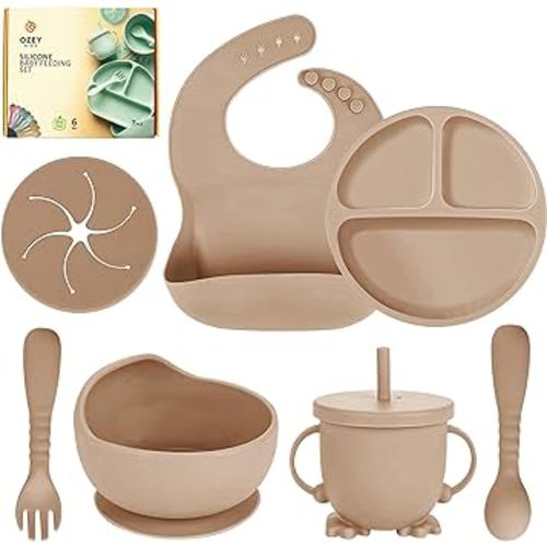 OZEY Silicone Baby Feeding Set: 100% Food Grade Baby Bib, Toddler Suction Plates and Bowls Set, Spoon, Fork, Cup, Straw-Baby Led Weaning Supplies (Milk Tea), Small, 12232