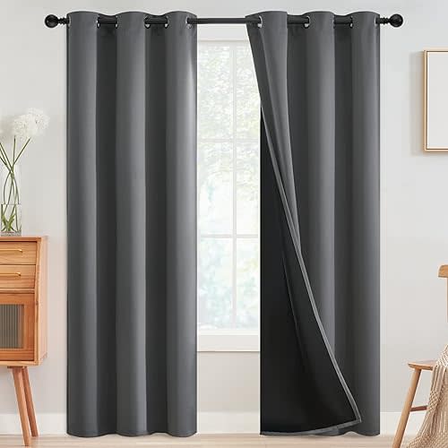 SimpleHome 100% Blackout Curtains for Bedroom,Thermal Insulated Grommet Window Drapes Room Darkening Grey Curtains for Living Room with Black Back,42 x 84 Inch,2 Panels