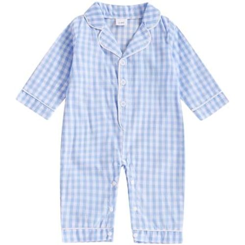 Newborn Baby Boy Girl Plaid Pajamas Romper Long Sleeve Button Down Gingham One Piece Jumpsuit Pjs Infant Sleepwears