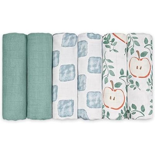 GLLQUEN BABY Receiving Blanket Boy Cotton Muslin Swaddle Blankets Girl Newborn Squares Breathable & Soft Thin Baby Blankets Cloths Double Absorbent Infant Swaddling Wrap - 6 Pack (Apple Paradise)