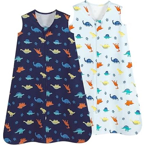 david's kids 100% Cotton Baby Sleep Sack 6-12 Months, Soft Baby Wearable Blankets with 2-Way Zipper, 2 Pack Comfy Sleeping Bags for Infant Newborn Boys Girls Neutral, Medium Size, Dinosaur