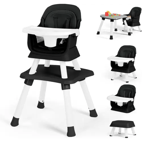 Kinder King Baby High Chair, 8 in 1 Coverts to Dining Booster Seat, Kids Table & Chair Set,Toddler Building Block Table, Removable Tray & Double Seat Cover, Easy to Wipe, Black & White