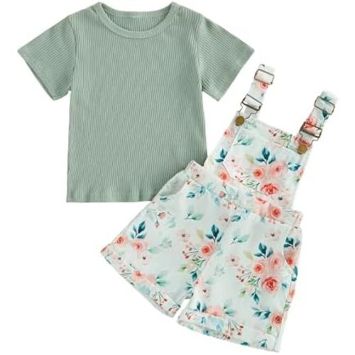 Nyapruwe Toddler Girls Summer Outfit Short Sleeve Ribbed T-Shirt and Bib Suspender Overalls Shorts Set Kid 2Pcs Clothes