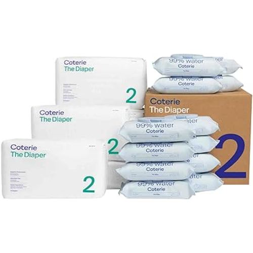 Coterie Baby Diapers + Wipes Baby Kit, Size 2 (186 Count) + 12 Wipe Packs (672 Wipes) Made with Plant-Based Fibers, Hypoallergenic, Designed for Sensitive Skin, Clean Ingredients