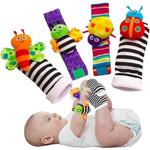 Blige SMTF Cute Animal Soft Baby Socks Toys Wrist Rattles and Foot Finders for Fun Butterflies and Lady bugs Set 4 pcs