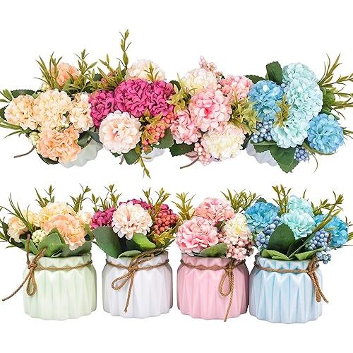 XONOR Artificial Flower Plants – Mini Fake Hydrangea Flowers in Pot for Home Decor Party Wedding Office Patio Table Desk Decoration, Set of 4, 3.3''(D) x 5.5''(H)