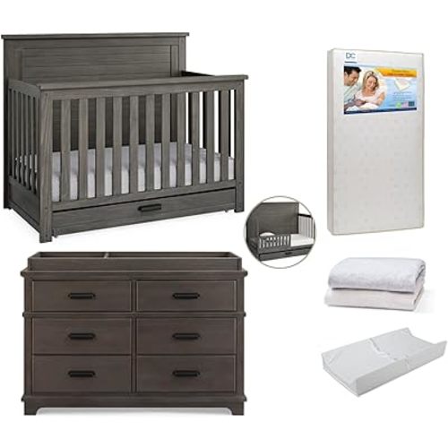 Delta Children Caden Crib 7-Piece Baby Nursery Furniture Set–Includes: Convertible Crib, Dresser, Changing Top, Crib Mattress, Sheets, Toddler Guardrail & Changing Pad, Rustic Grey