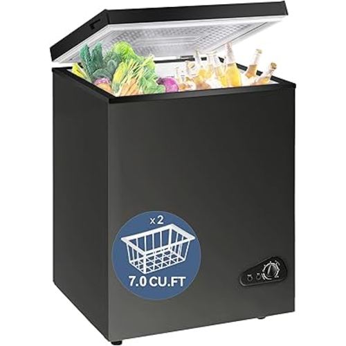 7.0 Cu Ft Chest Freezer - Energy Saving Quiet Top Open Door Mini Freezer Adjustable 6 Thermostat - Compact Small Deep Freezer w/Removable Basket and Defrost Water Drain for Home/Apartment/Garage