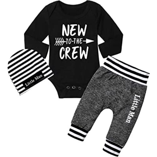 Fommy Newborn Baby Boy Clothes New to The Crew Letter Print Romper+ Pants+Hat 3PCS Outfit